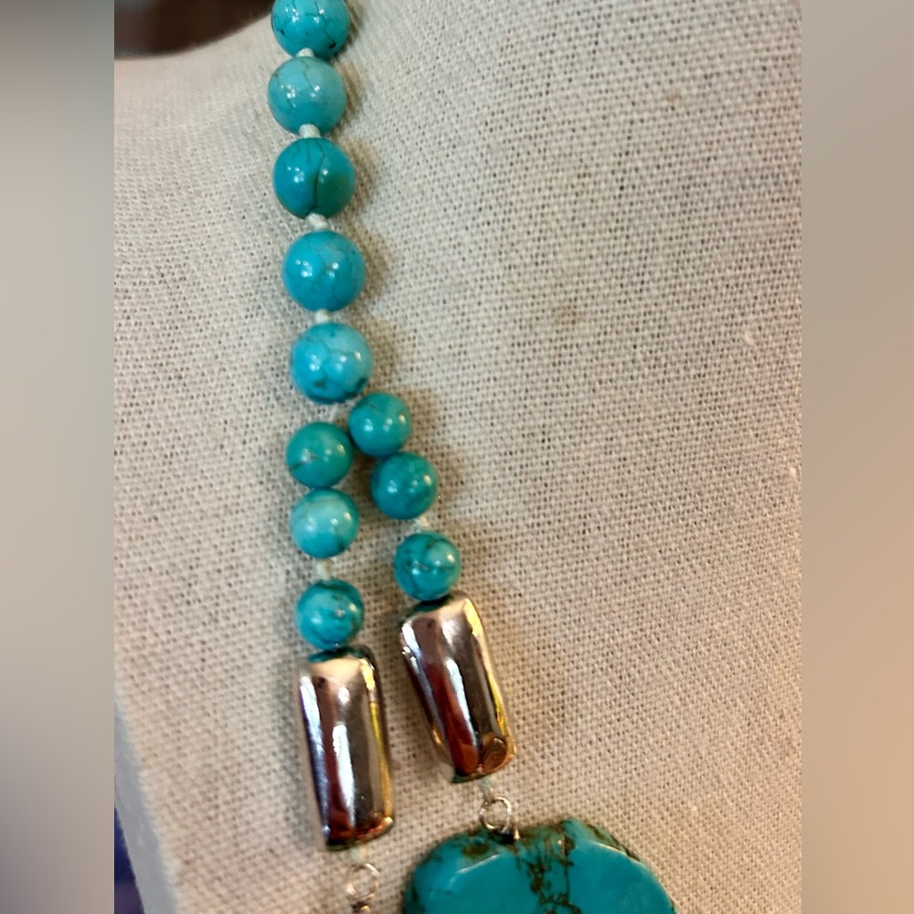 Chunky Turquoise Slab Artisan Statement Necklace Bohemian - Picture 8 of 11
